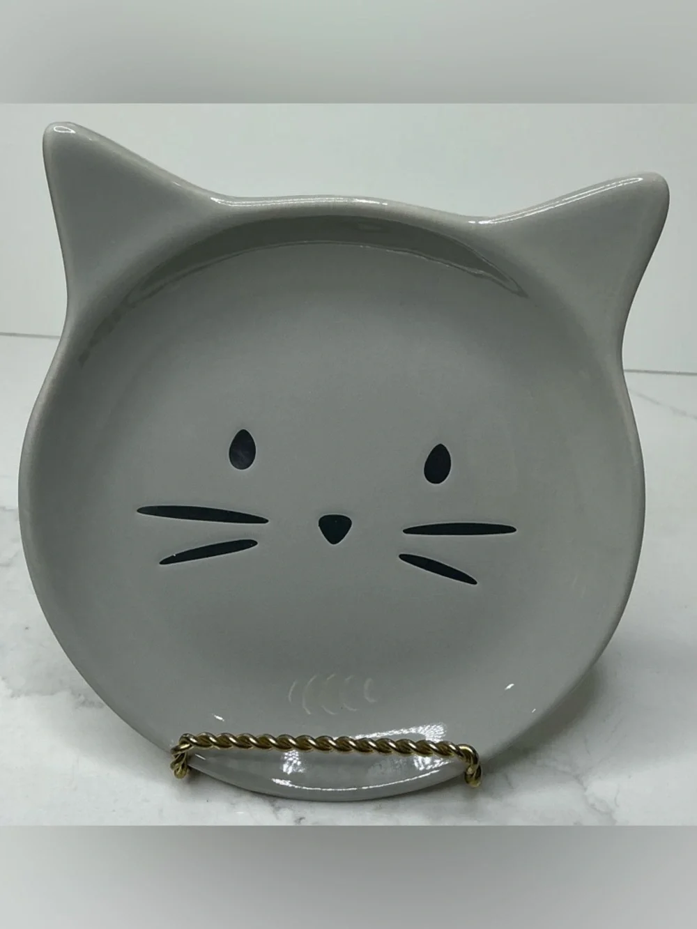 Signature Ceramic Bowl Cat Face Shaped Trinket Dish Gray New